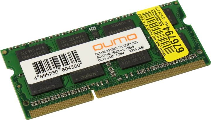 Оперативная память QUMO QUM3S-2G1600T11L, 2 ГБ, DDR3 SODIMM, PC3-12800