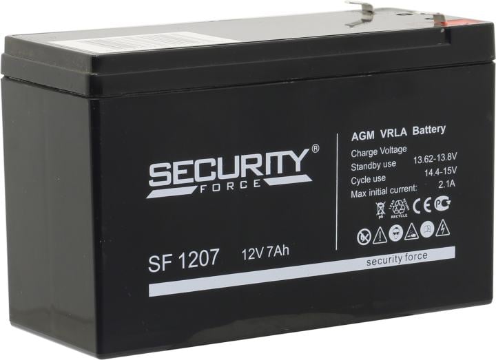 Батарея SECURITY FORCE серия SF, SF 1207, напряжение 12В, емкость 7Ач (разряд 20 часов), макс. ток разряда (5 сек.) 60А, макс. ток заряда 2.1А, свинцово-кислотная типа AGM, клеммы F1, ДxШxВ 151х65х95мм., вес кг., срок службы 3-5 лет./ Battery SECURITY FOR