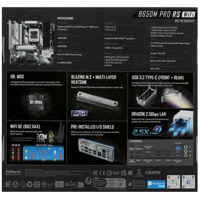 ASRock B650M PRO RS WIFI (RTL) AM5 <B650> 2xPCI-E HDMI+DP 2.5GbLAN+WiFi+BT  SATA MicroATX 4DDR5
