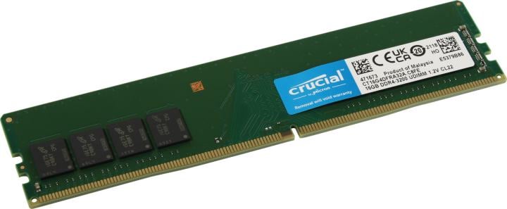 Оперативная память для компьютера 16Gb (1x16Gb) PC4-25600 3200MHz DDR4 UDIMM Unbuffered CL22 Crucial CT16G4DFRA32A