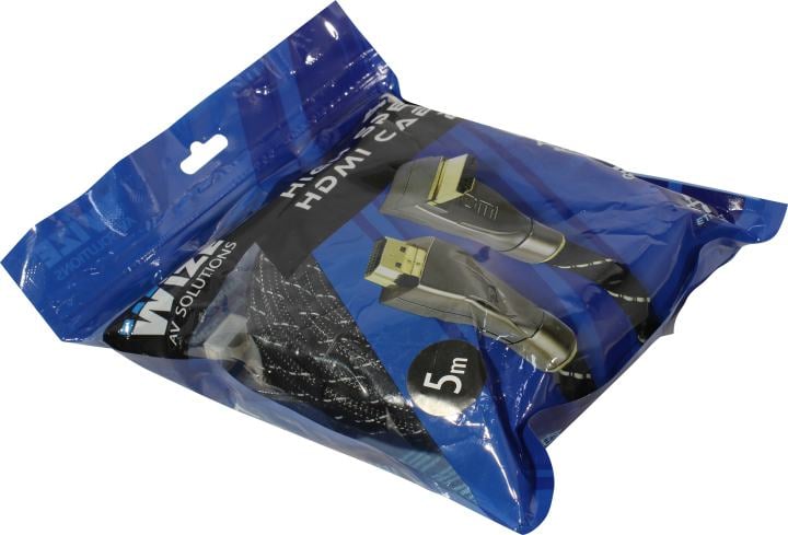 Кабель HDMI Wize [WAVC-HDMIRA-5M] 5 м., v.2.0, 19M/19M, 4K/60 Hz 4:4:4, 26 AWG, HDCP 1.4, HDCP 2.2, Ethernet, позол.угловой разъем, экран, черный, пакет