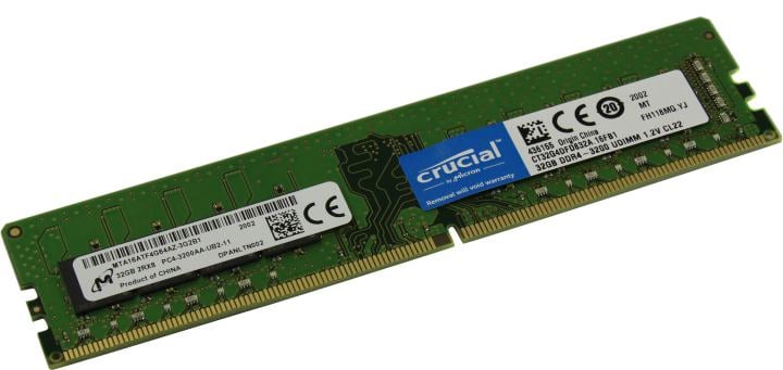 Оперативная память для компьютера 32Gb (1x32Gb) PC4-25600 3200MHz DDR4 UDIMM Unbuffered CL22 Crucial Basics Desktop CT32G4DFD832A