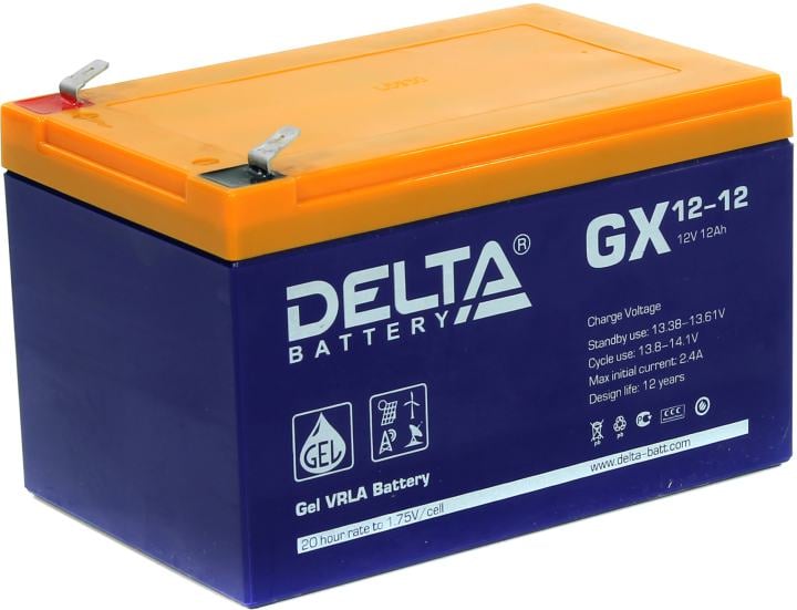Батарея DELTA серия GX, GX 12-12, напряжение 12В, емкость 12Ач (разряд 20 часов),  макс. ток разряда (5 сек.) 180А, макс. ток заряда 2.3А, свинцово-кислотная типа GEL, клеммы F2, ДxШxВ 151х98х95мм., вес 3.67кг., срок службы 15 лет./ Battery DELTA series GX, GX 12-12, voltage 12V, capacity 12Ah (discharge 20 hours), max. discharge current (5 sec.) 180A, max. charge current 2.3A, lead-acid type GEL, terminals F2, LxWxH 151x98x95mm., weight 3.67kg., service life 15 years.