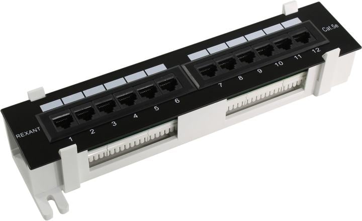 Коммутационная панель, настенная, 12 портов RJ-45, категория 5е, UTP неэкранированная, черная Rexant (04-0020)