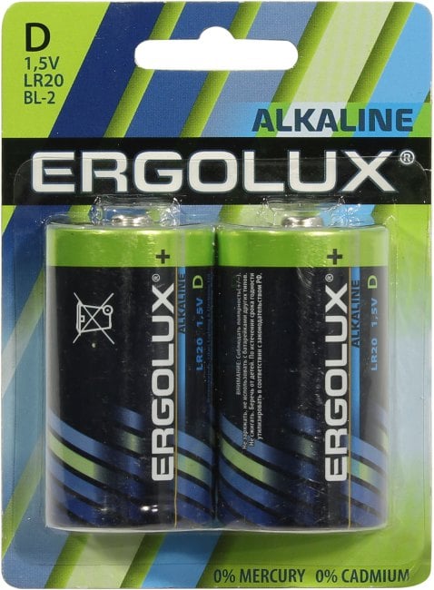 Батарейка Ergolux LR20 BL-2, D, 1.5 В, 2 шт.
