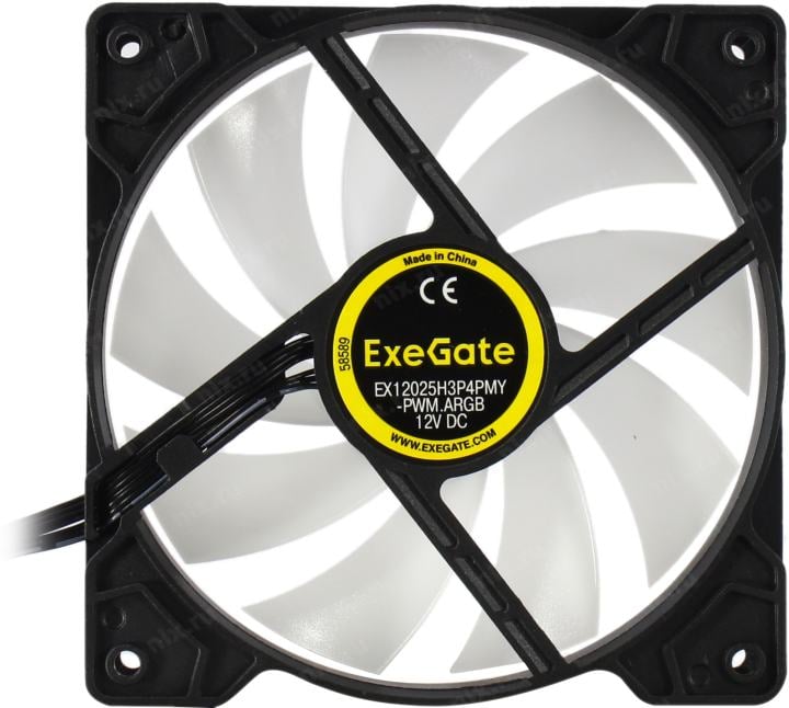 Exegate EX295967RUS Вентилятор 12В DC с подсветкой ExeGate EX12025H3P4PMY-PWM.ARGB (120x120x25 мм, Hydraulic bearing (гидродинамический), 5V ARGB 3pin, 4pin PWM, 1200RPM, ARGB подсветка, 26dBA)