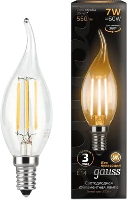 Лампа светодиодная Gauss Filament 7Вт цок.:E14 свеча 220B св.свеч.бел.теп. CF35  (упак.:10шт)  (104801107)