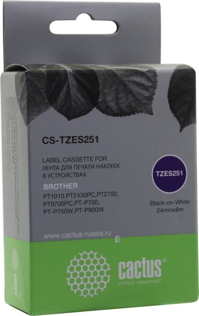 Cactus <CS-TZES251> лента для печати этикеток (ширина 24мм, 8м, Black on  White) для Brother