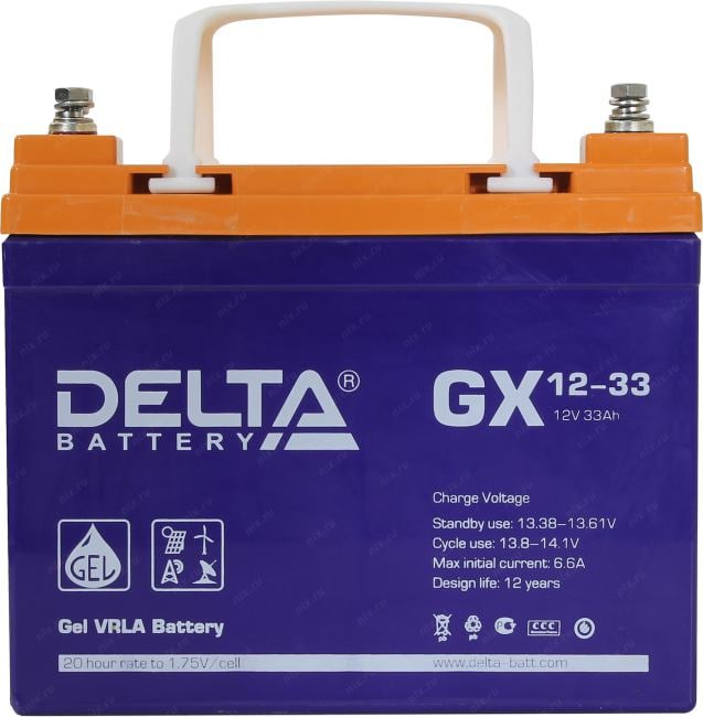 Батарея DELTA серия GX, GX 12-33, напряжение 12В, емкость 33Ач (разряд 20 часов),  макс. ток разряда (5 сек.) 330А, макс. ток заряда 6.5А, свинцово-кислотная типа GEL, клеммы под болт М6, ДxШxВ 195х130х155мм., вес 11кг., срок службы 15 лет./ Battery DELTA series GX, GX 12-33, voltage 12V, capacity 33Ah (discharge 20 hours), max. discharge current (5 sec.) 330A, max. charge current 6.5A, lead-acid GEL type, M6 bolt terminals, LxWxH 195x130x155mm., weight 11kg., service life 15 years.