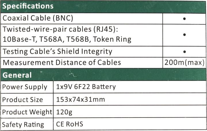 MASTECH <MS6810> LAN тестер для BNC, RJ-45  (Rexant  13-1222)