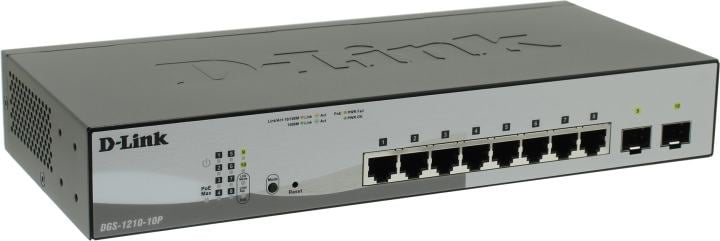 DGS-1210-10P/FL2A - Коммутатор, D-Link, DGS-1210-10P/FL2A, Управляемый L2, 8 портов 10/100/1000Base-T, 2 порта 1000Base-X SFP, 8 портов PoE 802.3af/at, PoE-бюджет 65 Вт, стоечный