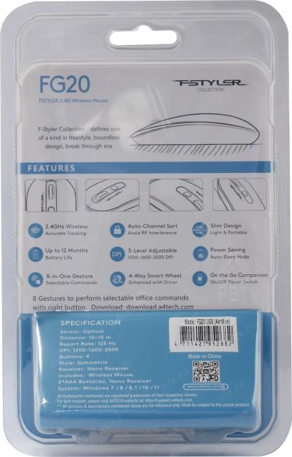A4Tech FSTYLER Wireless Optical Mouse <FG20 Ash  Blue>  (RTL)  USB 4btn+Roll