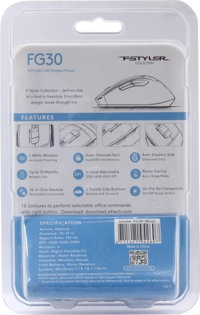 A4Tech FSTYLER Wireless Optical Mouse <FG30  Blue>  (RTL)  USB 6btn+Roll