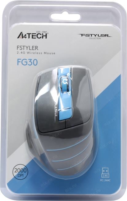 A4Tech FSTYLER Wireless Optical Mouse <FG30  Blue>  (RTL)  USB 6btn+Roll