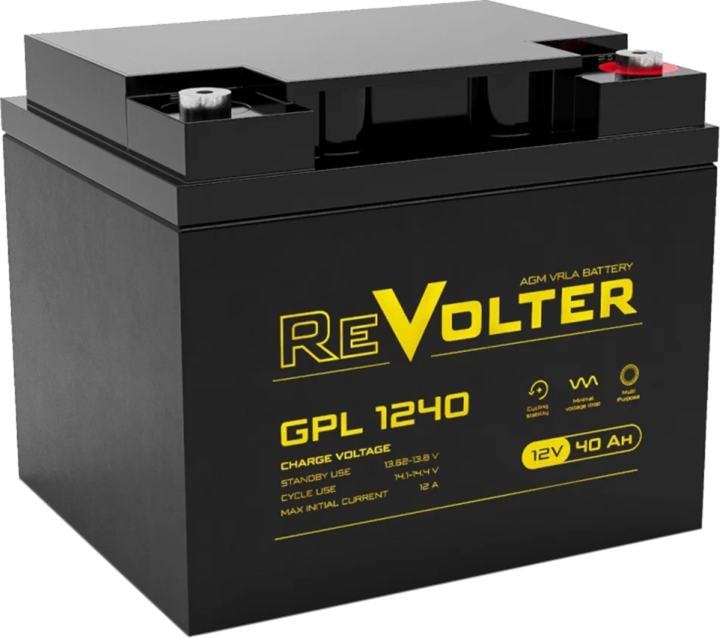Аккумулятор ReVolter GPL 1240, 12В, 40Ач, клеммы под болт М6
