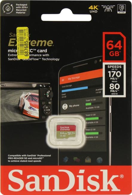 Карта памяти 64GB microSDXC Sandisk Extreme Class 10 UHS-I U3 V30 A2 (SDSQXAH-064G-GN6MN)