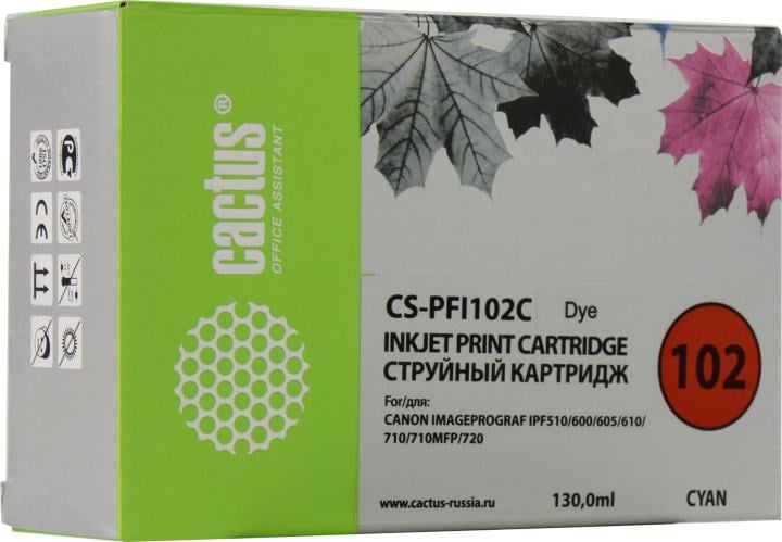 Картридж струйный Cactus CS-PFI102C PFI-102 C синий (130мл) для Canon IP iPF500/iPF600/iPF700/ MFP M40/iPF765/LP17/LP24 с чипом