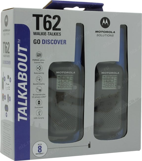 Motorola <TALKABOUT T62 Blue> 2 порт. радиостанции (PMR446, 8 км, 8 каналов, LCD,  з/у,  NiMH)
