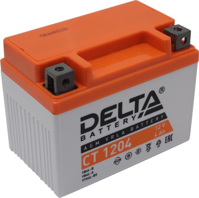 Стартерный мото аккумулятор Delta CT 1204 12В/4Ач, клемма Болт + гайка Ø 5 мм (114х70х87мм (92мм); 1,35кг; Срок службы 5