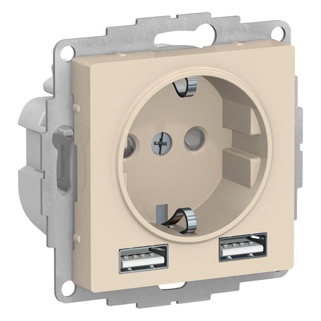 Schneider Electric ATN000230 ATLASDESIGN РОЗЕТКА 16А c 2 USB A+A, 5В/2,4А,  2х5В/1,2А, механизм, БЕЖЕВЫЙ