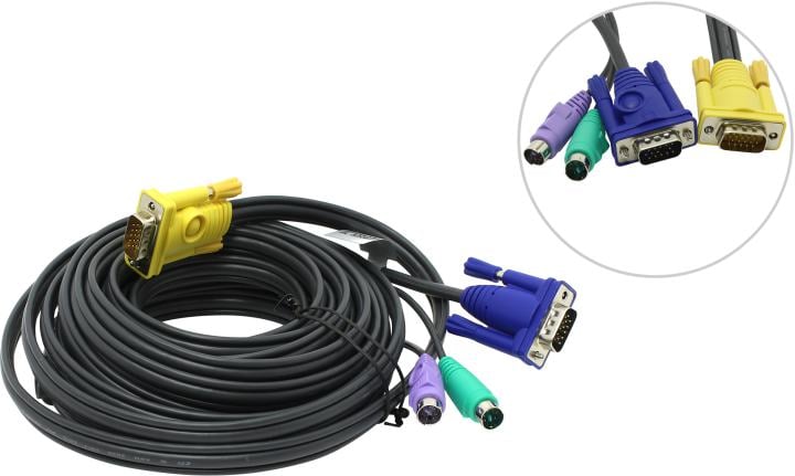 CABLE SP15M -- HD15M/MINIDIN6M, 6M/ Кабель KVM PS/2(Kлав+мышь)(Male)+HDB15(Male) <-> SPHD15(Male) 6,0м., тонкий, черный.