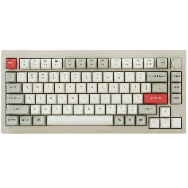 Компактная (75%) механическая клавиатура Keychron V1 Max - 3 типа подключения (Bluetooth, радиоканал 2,4 ГГц, провод), 84 клавиши, ANSI, с поддержкой QMK/VIA, корпус из ABS пластика, Gasket Mount, цвет Retro, переключатели Gateron Jupiter Brown, горячая замена переключателей, PBT-кейкапы, OSA профиль, EN - двойное литье (Double Shot) / RU – лазерная гравировка, RGB подсветка, шумоизоляция, вращающаяся ручка, аккумулятор 4000 mAh, размеры без клавиш 328,5 x 148,7 x (21,5 спереди – 29,4 сзади) мм, вес 770 г.