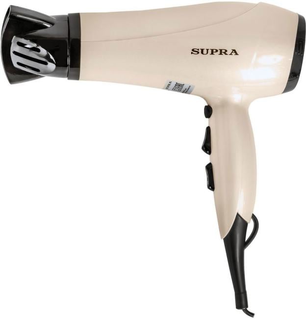Фен SUPRA PHS-2205L (Мощность 2200Вт. 2 скорости воздушного потока. 3 режима нагрева. Функция "Холодный обдув". Функция ионизации воздуха. Насадки: концентратор\ диффузор.)