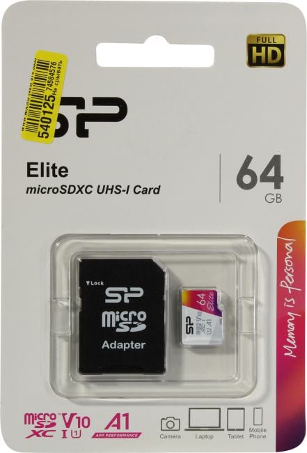 Silicon Power <SP064GBSTXBV1V20SP> microSDXC Memory Card 64Gb UHS-I U1 V10  + microSD-->SD Adapter