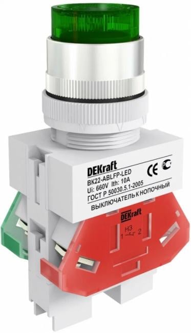 Выключатель DEKraft 25026DEK ВK-22 кнопочный ABLFP D=22мм  LED 220В зеленый