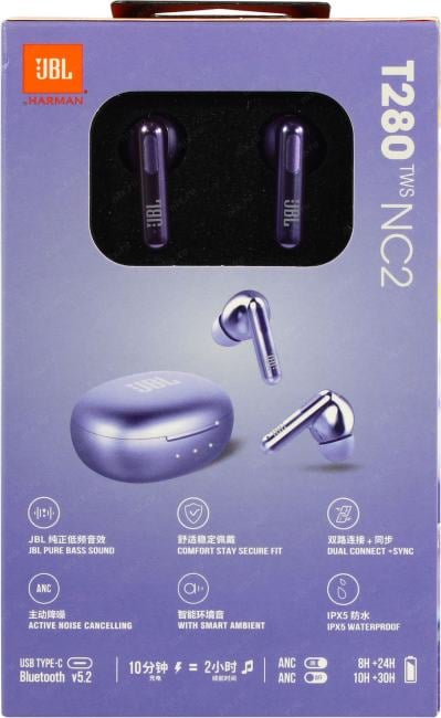 Наушники с микрофоном JBL T280 TWS NC2  <Purple> (Bluetooth 5.2)<JBLT280TWSNC2PUR(CN)>