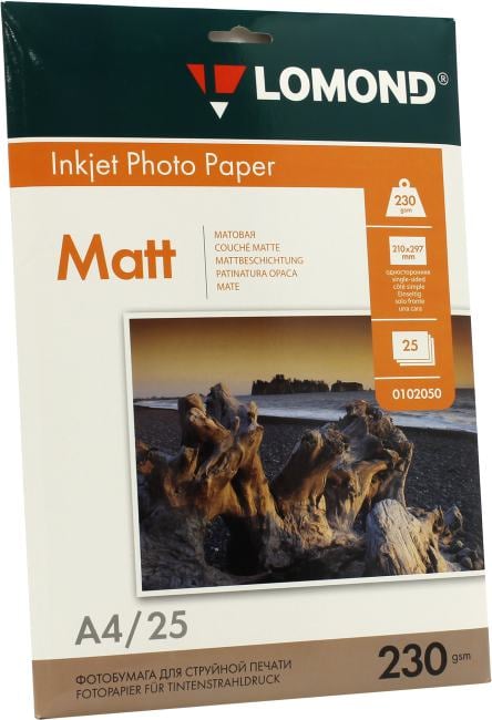 Фотобумага LOMOND Одностороння Матовая, 230г/м2,A4 (21X29,7см)/25л. для струйной печати.