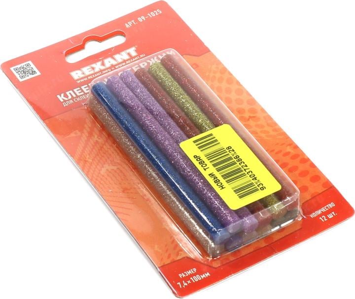 REXANT (09-1025) Клеевые стержни d=7,4 мм, L=100 мм, цветные с блестками (упак. 12 шт.) (блистер)