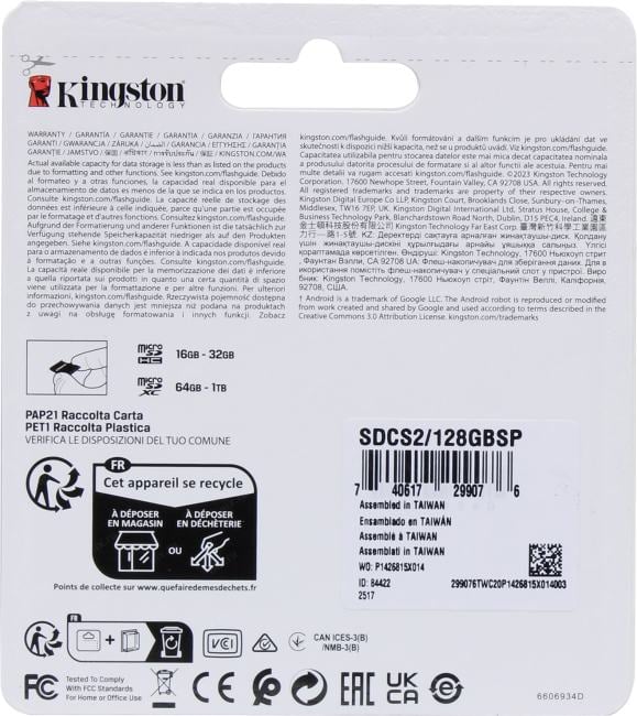 Kingston <SDCS2/128GBSP> microSDXC Memory Card 128Gb A1  UHS-I  U1