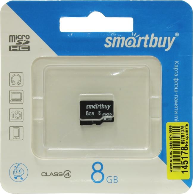 Карта памяти 8GB microSDHC SmarTBuy Class 4 без адаптера (SB8GBSDCL4-00)