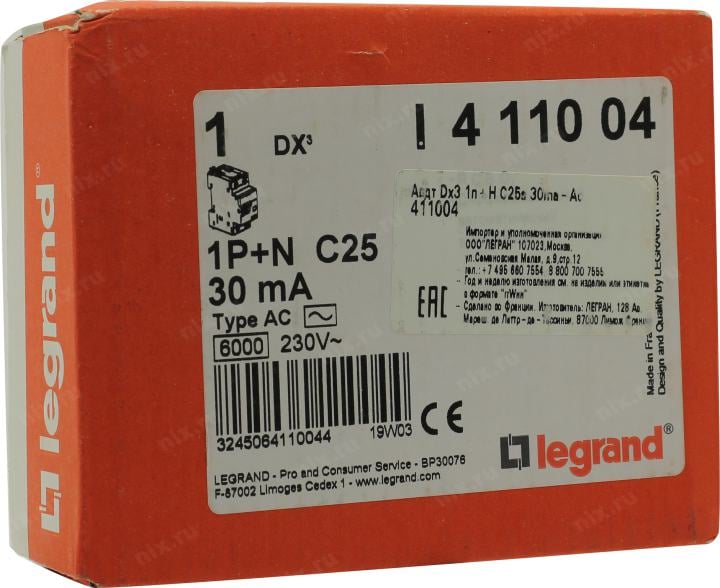 Legrand <411004> Автоматический выключатель дифференциального тока DX3 6000 (1P+N 25A, 30mA, 6kA)