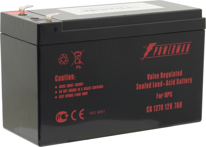 Батарея POWERMAN Battery CA1270, напряжение 12В, емкость 7Ач,макс. ток разряда 105А, макс. ток заряда 2.1А, свинцово-кислотная типа AGM, тип клемм F2, Д/Ш/В 151/65/94, 2.2 кг./ Battery POWERMAN Battery CA1270, voltage 12V, capacity 7Ah, max. discharge cur