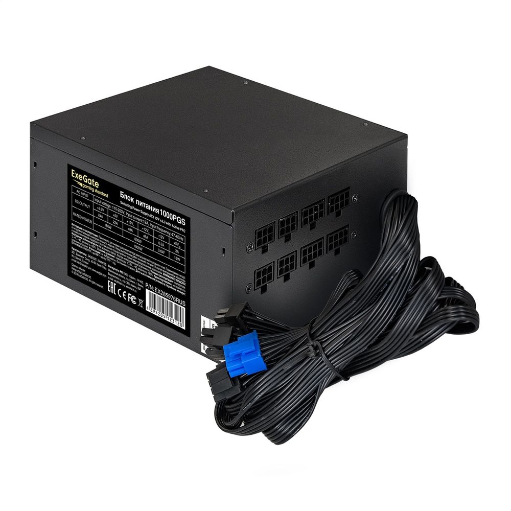 Блок питания 1000W ExeGate Gaming Standard 1000PGS (ATX, APFC, КПД 82% (80 PLUS), 14cm fan, 24pin, 2x(4+4)pin, PCIe, 5xSATA, 4xIDE, Cable Management, black, RTL) (EX285976RUS)