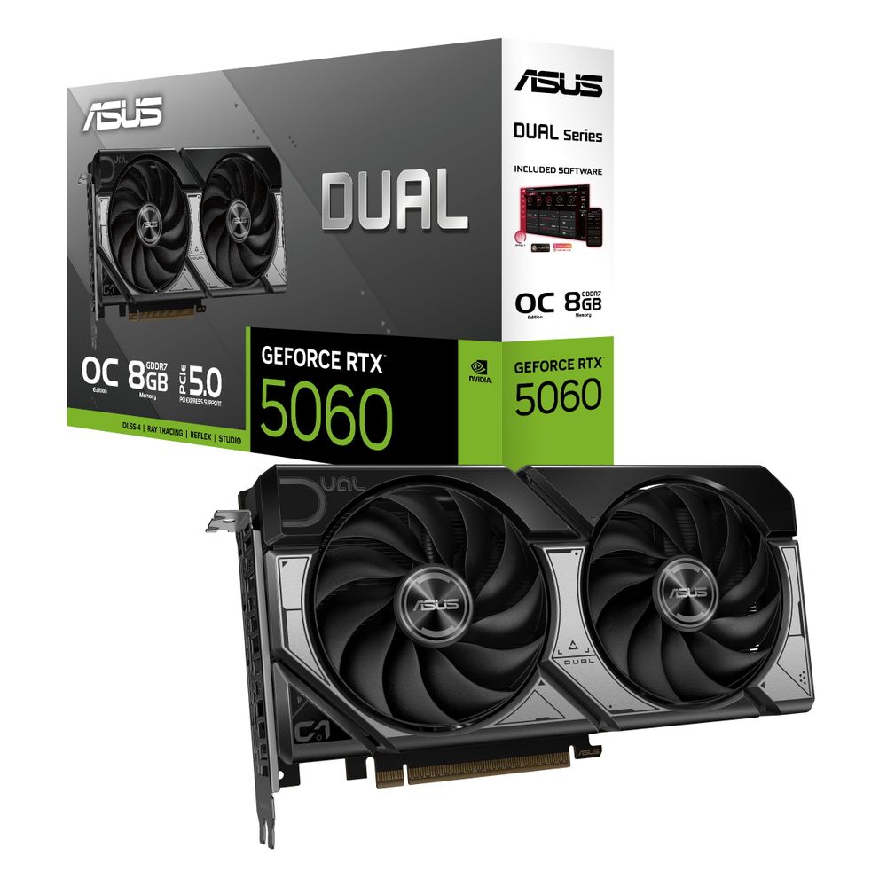Видеокарта Asus NVIDIA - GeForce RTX 5060 Dual OC, PCI-E 5.0 16x, GDDR7 8GB 128bit, 1x HDMI, 3x DP, 180Вт, 228мм, Full Height, 90YV0N12-M0NA00