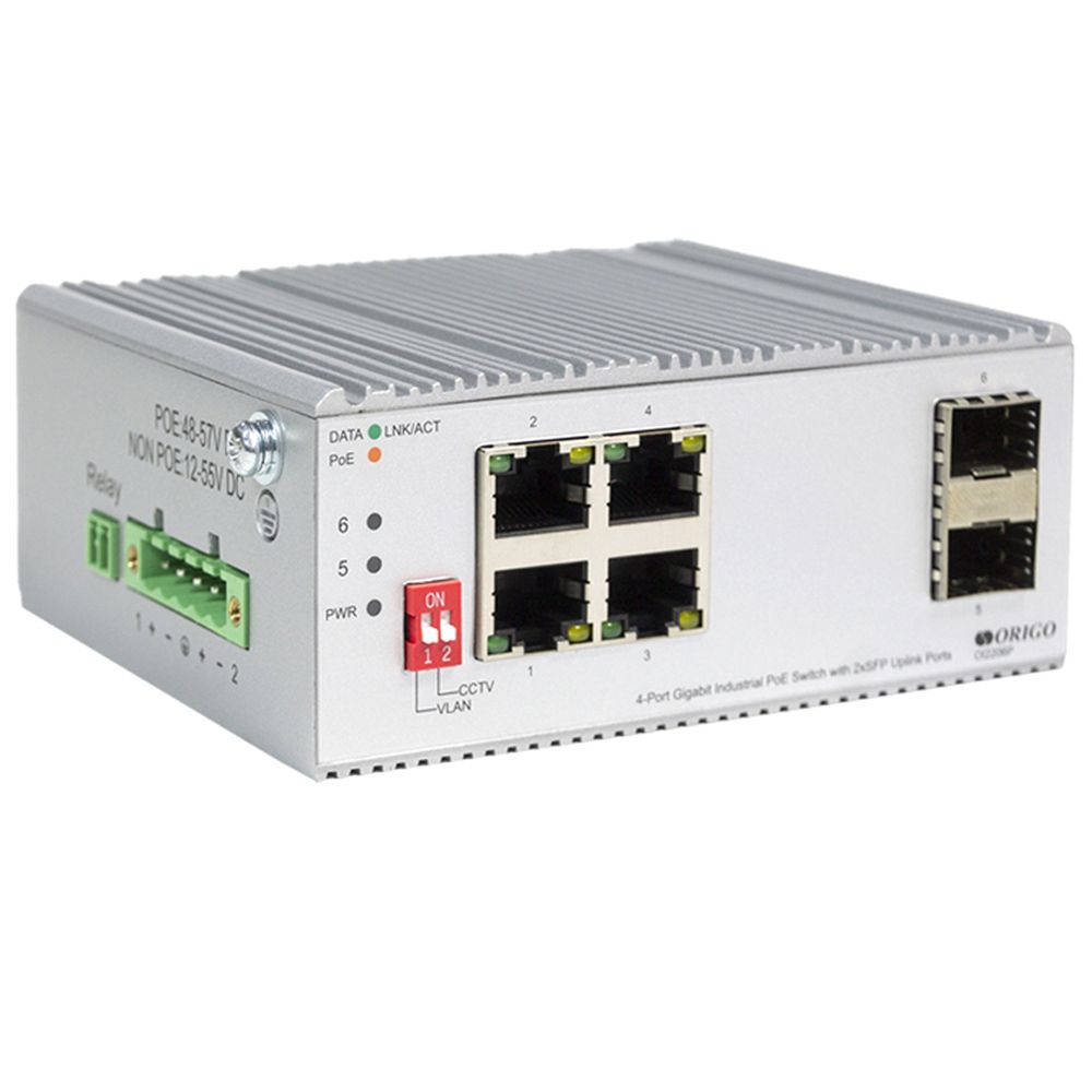 Коммутатор ORIGO OI2206P/120W/A1A Промышленный конфигурируемый PoE-коммутатор, 4x1000Base-T PoE, 2x1000Base-X SFP, DIP-переключатель, PoE-бюджет 120 Вт, защита от статического электричества 6/8 кВ, -40..75°C