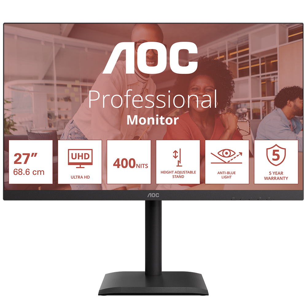Монитор 27" AOC U27E4CV IPS 3840x2160, 60 Гц, 4 мс, 16:9, 400 кд/м², 2xHDMI 2.0, DP 1.4, DP Out, USB-C (90 Вт), USB Hub (4x USB 3.2), RJ45, 3.5 Jack, динамики (2x2 Вт), HDR Ready, Adaptive-Sync, VESA 100x100, черный