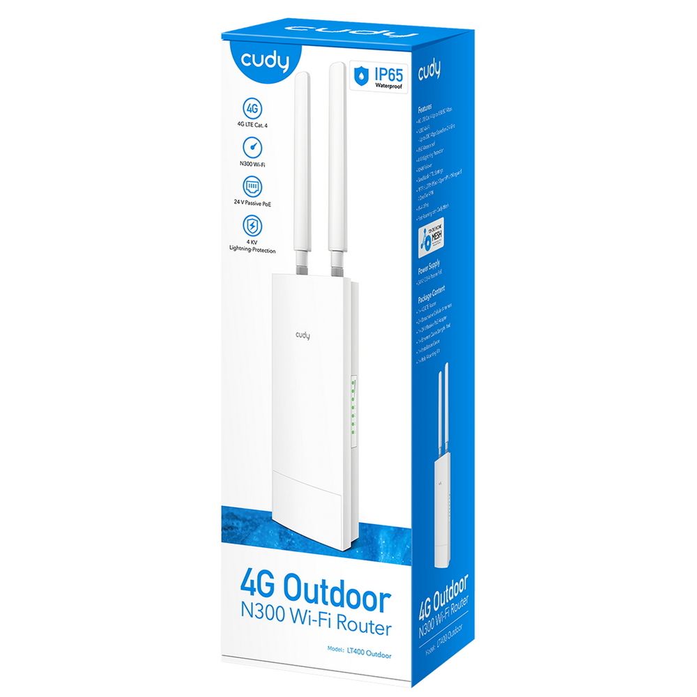 Точка доступа Outdoor 4G LTE Cat 4 N300 Wi-Fi Router Outdoor 4G LTE N300 WiFi Router, Cat.4, 300Mbps Wi-Fi, build-in 4G LTE modem, lightning protection, IP65 Waterproof, 10/100M RJ45, 2 x Detachable 4G Antennas, 24V passive PoE adapter included, Zerotier/Wireguard/OpenVPN/IPSec/L2TP/PPTP VPN,