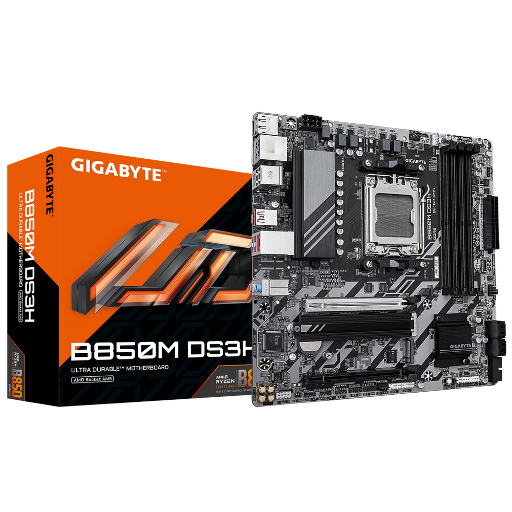 Материнская плата Gigabyte Bad Pack B850M DS3H, Socket AM5, AMD B850, 4xDDR5-5200, HDMI+DP+DP, 2xPCI-Ex16, 4xSATA3(RAID 0/1/10), 2xM.2, 8 Ch Audio, 1x2,5GLan, (4+4)xUSB2.0, (3+2)xUSB3.2, (1+1)xUSB Type-C™, 1xPS/2, mATX, RTL