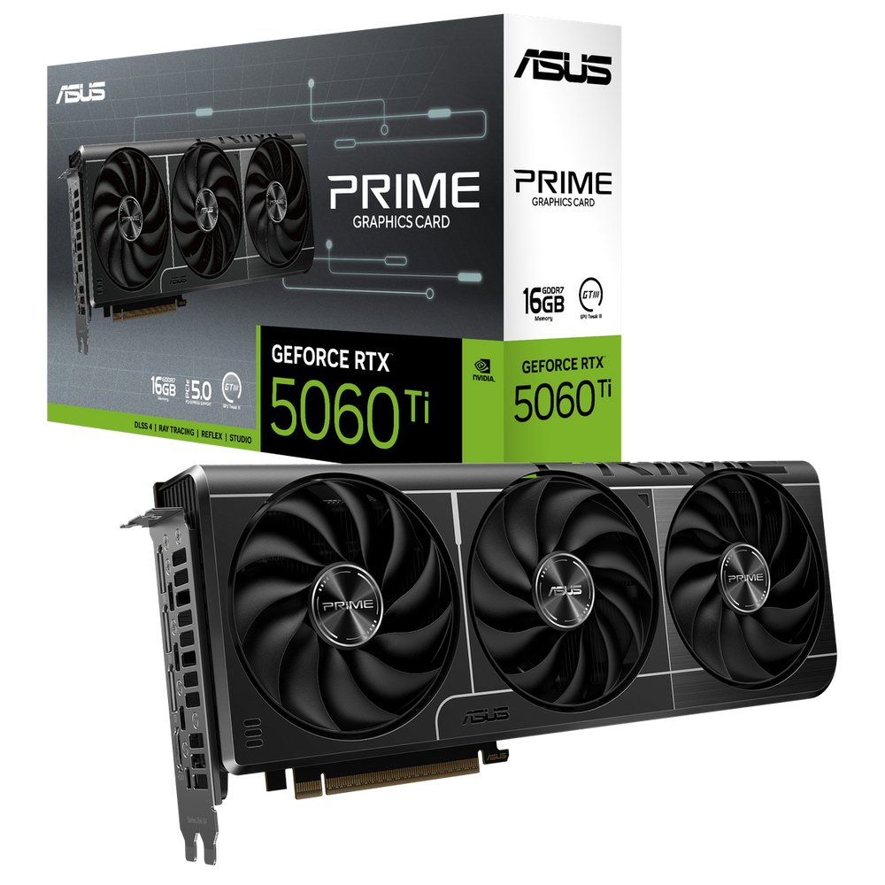 Видеокарта ASUS GeForce RTX 5060 Ti PRIME, NVIDIA RTX 5060 Ti, 16 ГБ GDDR7, 128 бит, PCI-e 5.0, 1xHDMI, 3xDP, 2602 МГц