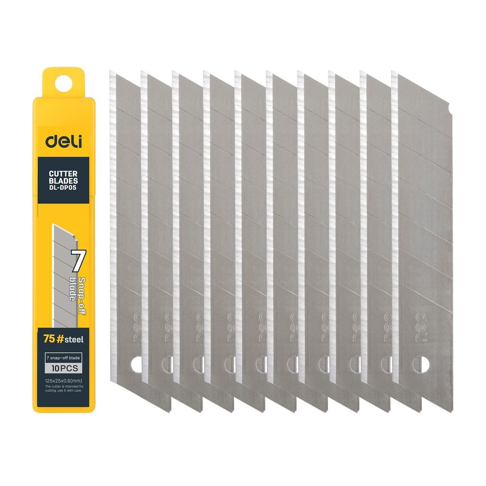 Сменные лезвия для ножа Deli DL-DP05 25мм*10шт  125x25x0,6 мм, сталь 75#, 2-ступенчатое лезвие