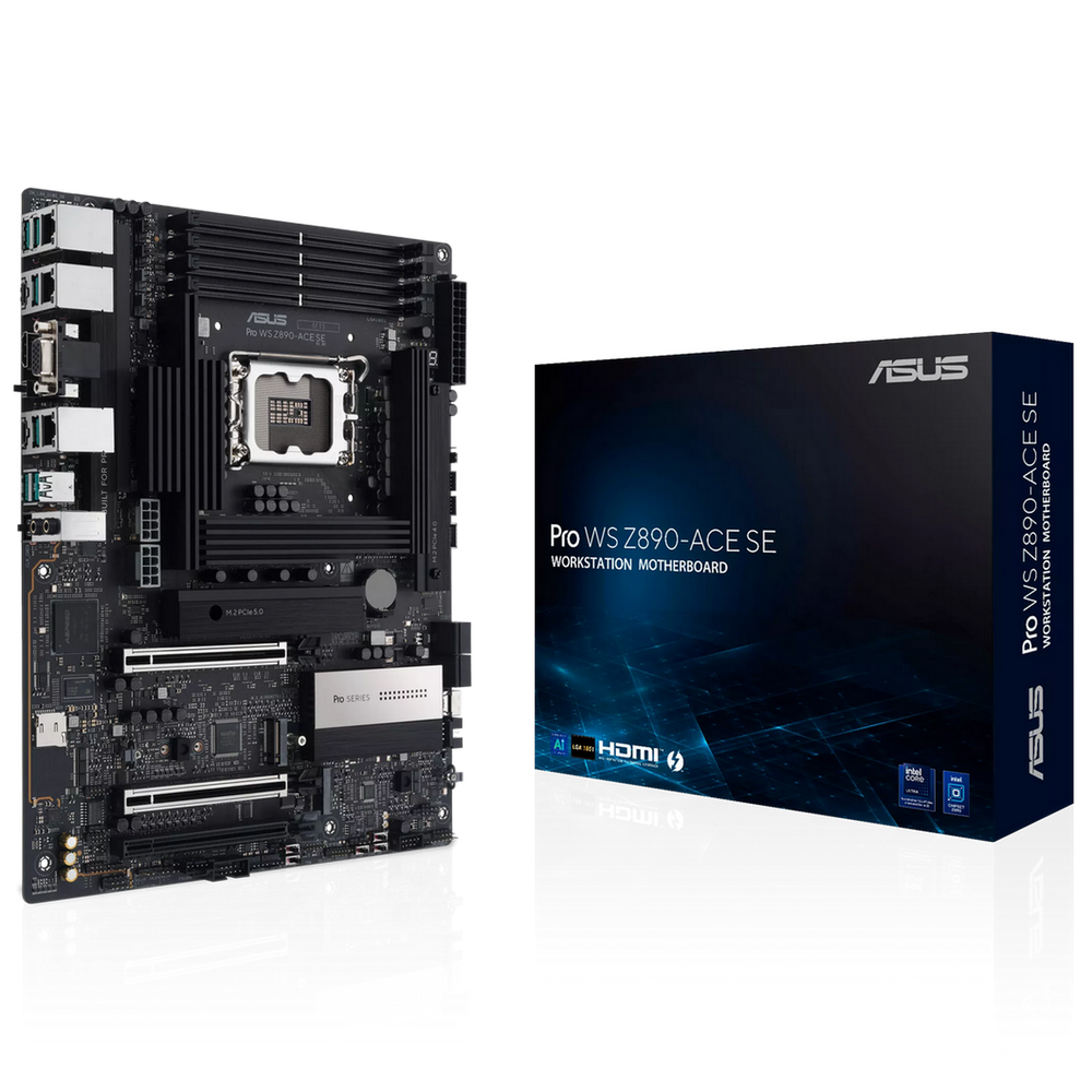 Материнская плата ASUS PRO WS Z890-ACE SE, LGA1851, Intel Z890, 4xDDR5, 4xM.2, 8xSATA, 2xPCIe 5.0 x16, 1xPCIe 4.0 x4, 1xHDMI, 1xThunderbolt 4 (USB-C), 1xVGA, 1x10Gb LAN, 1x2.5Gb LAN, 6xUSB-A 10Gbps, 1xUSB-C 20Gbps, 2x3.5 мм аудио, 7.1, ATX