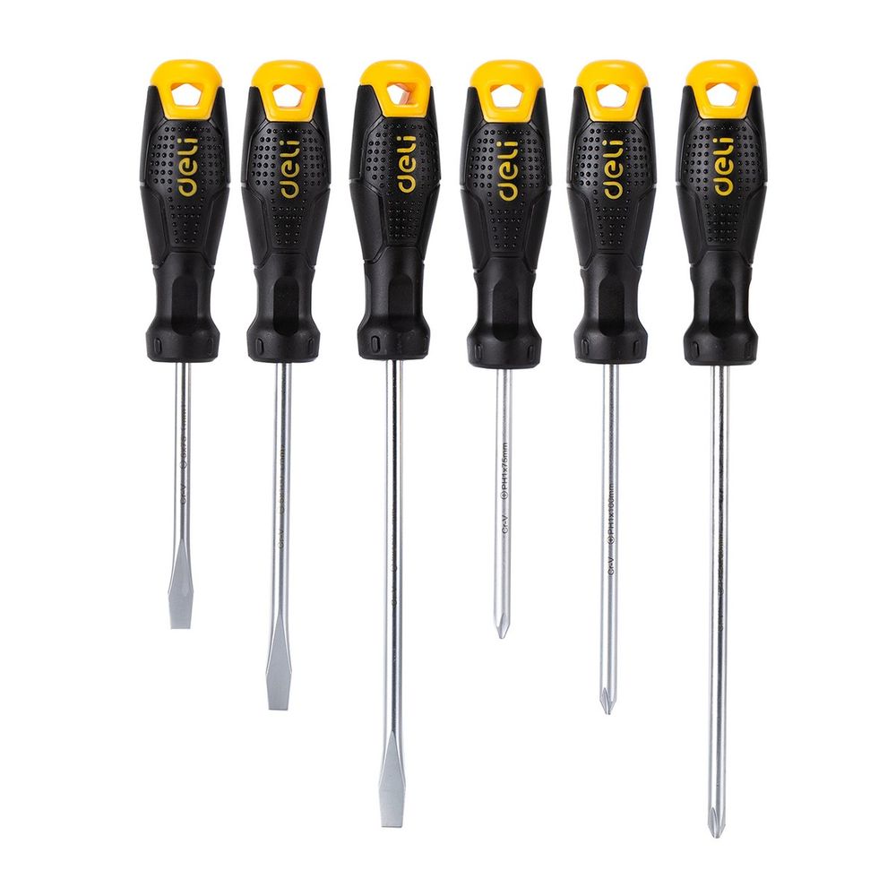 Набор отверток Deli DL620006 6шт SL5x75 + SL5x100 + SL6x150 + PH1x75 + PH1x100 + PH2x150 Bad Pack