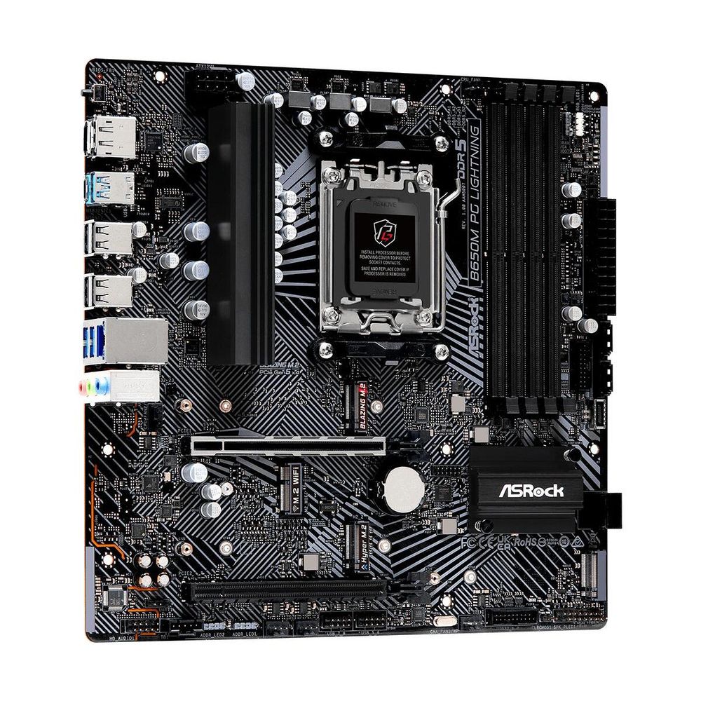 Материнская плата ASRock B650M PG LIGHNING, Socket AM5, AMD B650, 4xDDR5-5200, HDMI+DP, 2xPCI-Ex16, 4xSATA3(RAID 0/1/10), 3xM.2, 8 Ch Audio, 1x2.5GLan, (4+4)xUSB2.0, (3+4)xUSB3.2, (1+1)xUSB3.2 Type-C™, mATX, RTL