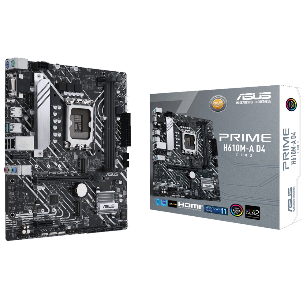 Материнская плата ASUS PRIME H610M-A D4-CSM, LGA 1700, Intel H610, 2xDDR4, 4xSATA, 2xM.2, 1xPCIe 4.0 x16, 1xPCIe x1, 1xDP, 1xD-Sub, 1xHDMI, 1x 1Gb LAN, 4xUSB-A 2.0, 2xUSB-A 3.2 Gen 1, 7.1, mATX