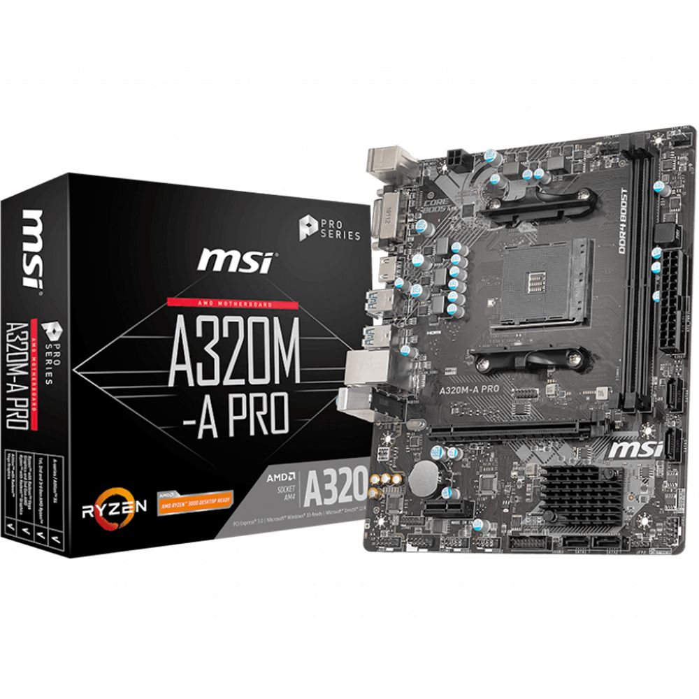Материнская плата MSI A320M-A PRO, Socket AM4, AMD® A320, 2xDDR4-2400, 1xPCI-Ex16x, 1xPCI-Ex, DVI-D+HDMI, 4xSATA3(RAID 0/1/10), 8 Ch Audio, GLan, (2+4)xUSB2.0, (4+2)xUSB3.1, 2xPS/2, mATX, RTL {20} (663889)
