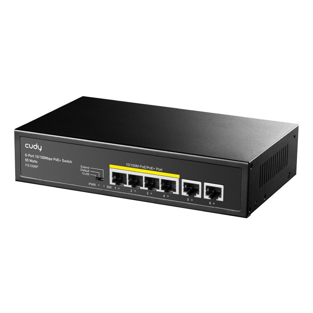 Коммутатор CUDY 6-Port 10/100M PoE+ Switch 60W 6-Port 10/100M PoE Switch with 4 POE Ports Unmanaged Desktop Switch, support 4-port IEEE 802.3at PoE+ Injector (Port-1 to Port-4), Supports PoE power up to 30W for each PoE port, CCTV Mode (Transmit distance up to 250m at 10Mbps),  Fanless, ±4KV Surge Prot